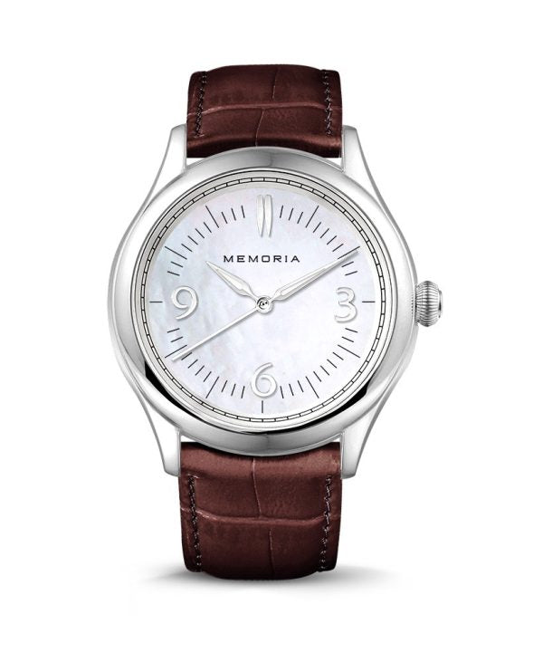 Amare Pearl memorial watch — chestnut brown strap