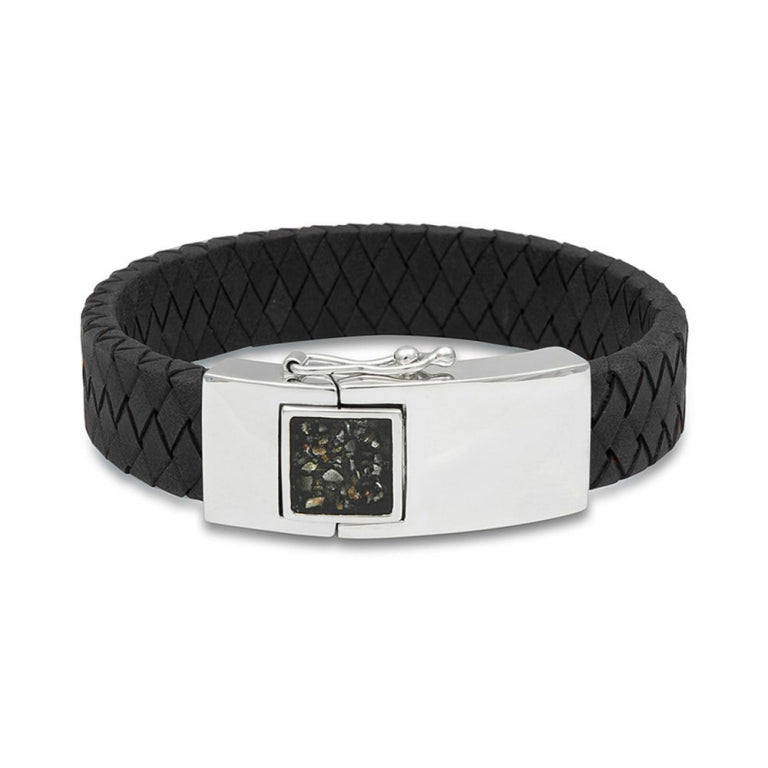 Large Clasp Leather Bracelet - Black Strap in BS - Silver, Leather memorial jewellery