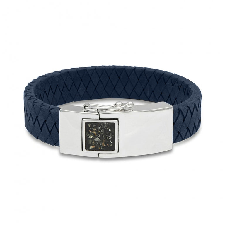 Large Clasp Leather Bracelet - Navy Strap in NS - Silver, Leather memorial jewellery