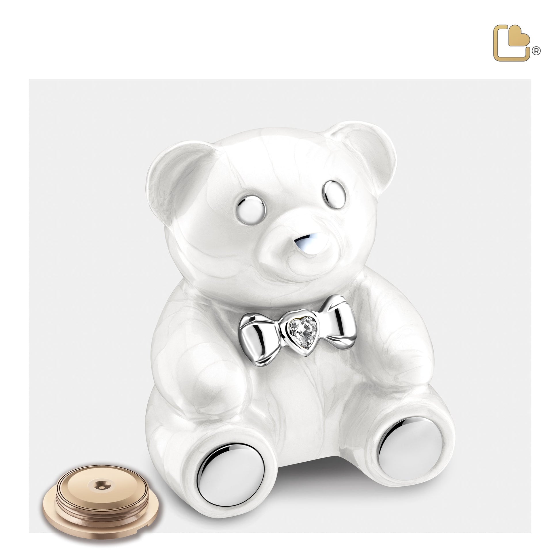 M1012   CuddleBear Child Urn Pearl White & Pol Silver w/Crystal
