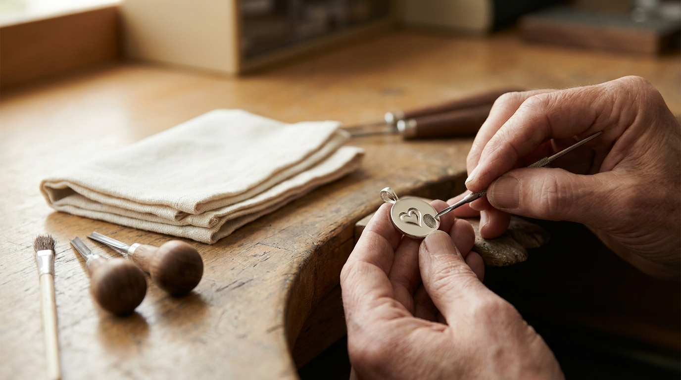 Memorial pendant being hand finished at a jeweller's workbench