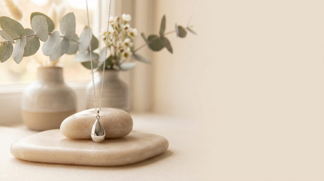 Sterling silver memorial ashes pendant resting on stone with eucalyptus