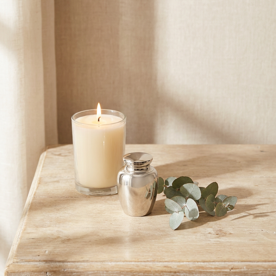 Remembrance candle beside a small silver keepsake urn
